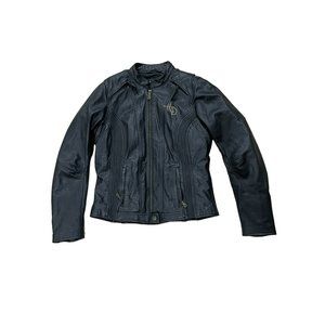 Harley Davidson Womens Blk Leather Motorcycle Jacket Tall M 110th Ann Embroidery